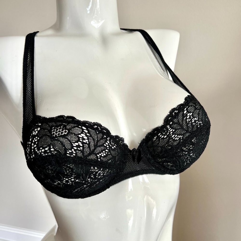Vintage Lou Bra from Paris, France Lace Underwire Black Fishnet Bra NWT